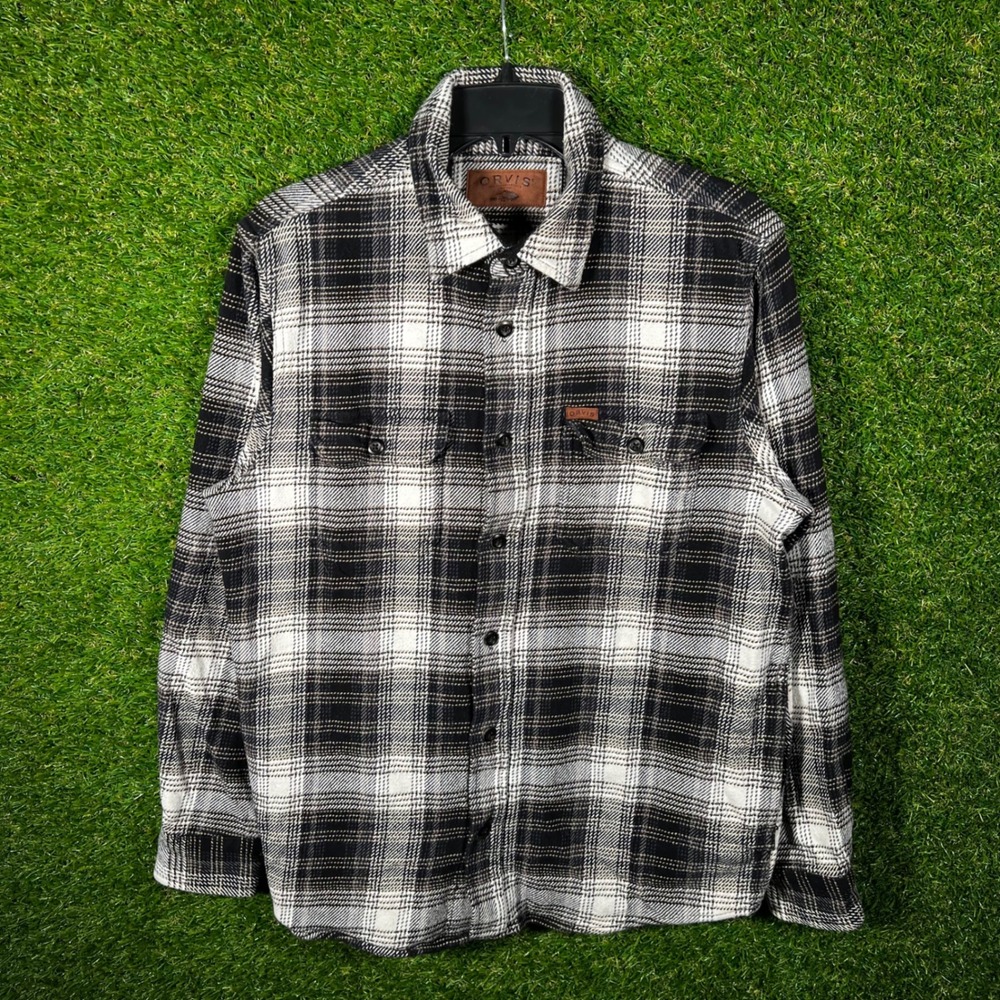 Orvis Mens Black White Plaid Flannel Button Down Shirt Long Sleeve